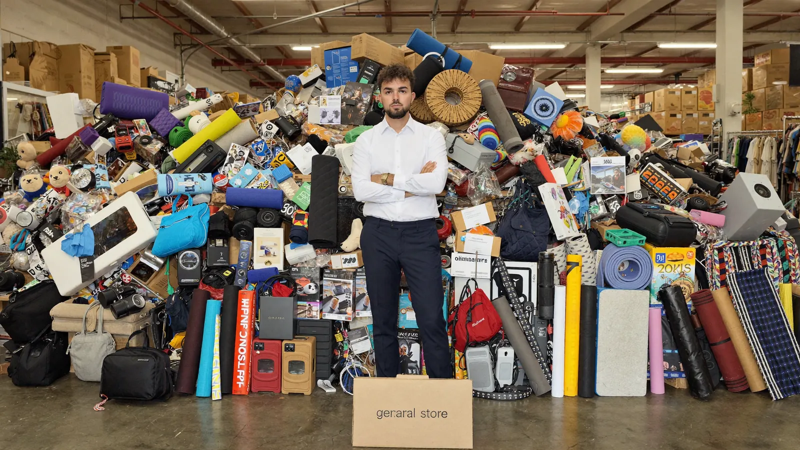 Max Schipilliti davanti a una montagna di prodotti diversi in un magazzino, con uno scatolone «general store»